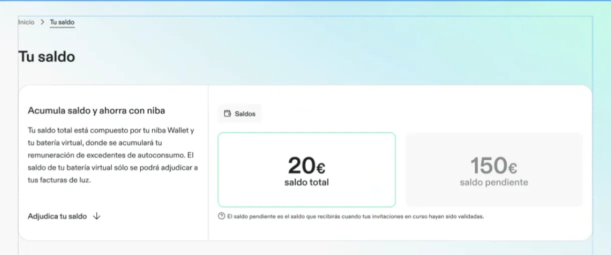 si tienes un contrato de autoconsumo verás tu niba Wallet en "Tus Saldos"